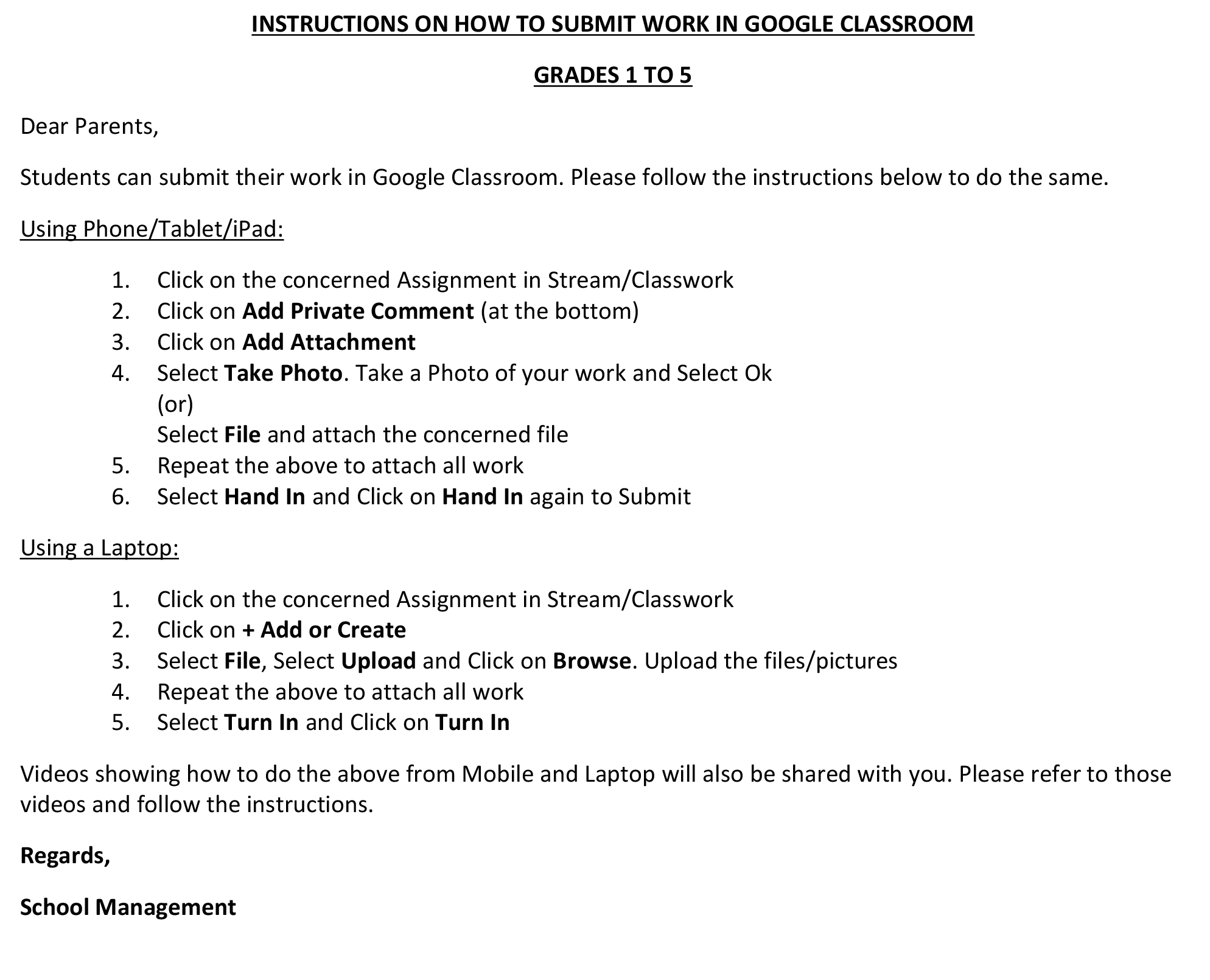 Submit work in Google Classroom - 1 to 5